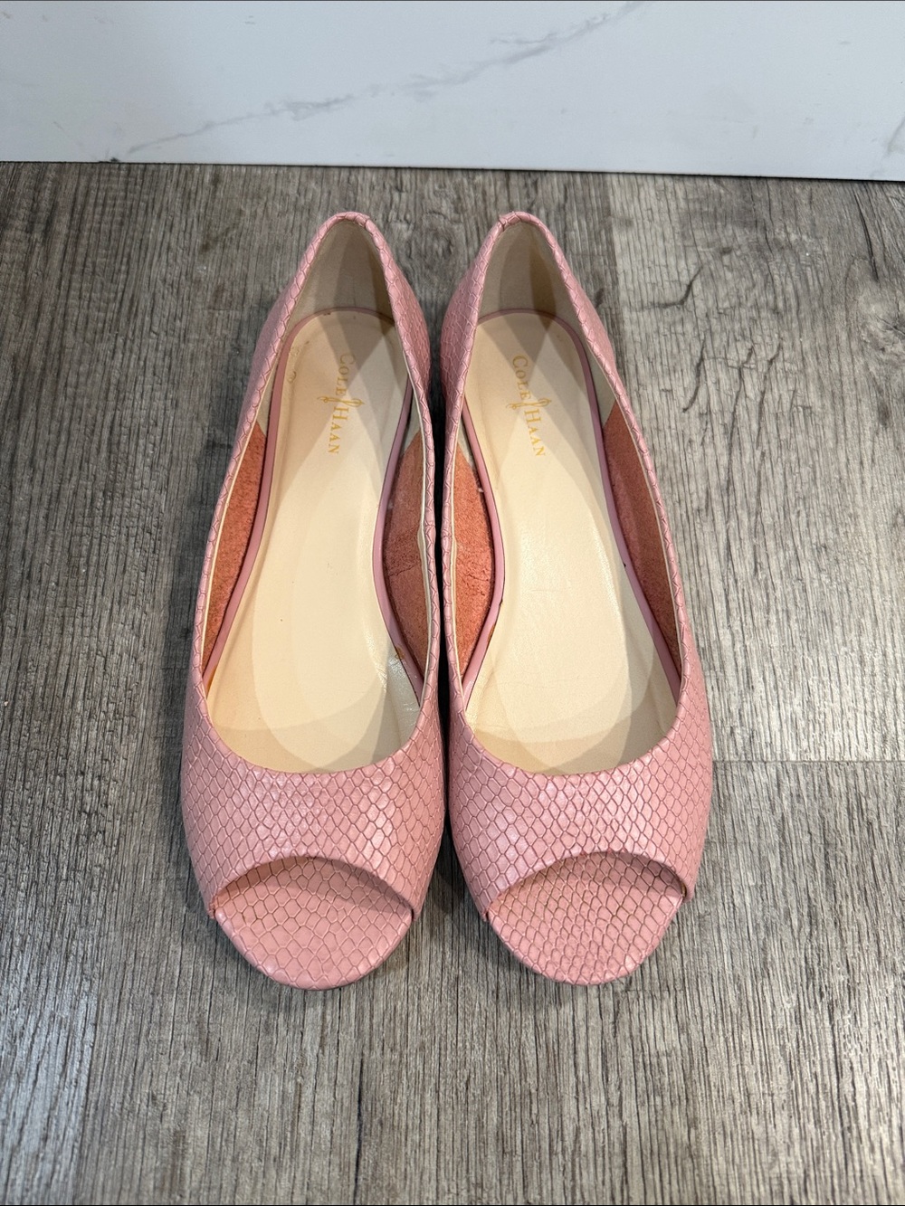 Cole Haan Blush Pink Snakeskin Peep-Toe Flats
